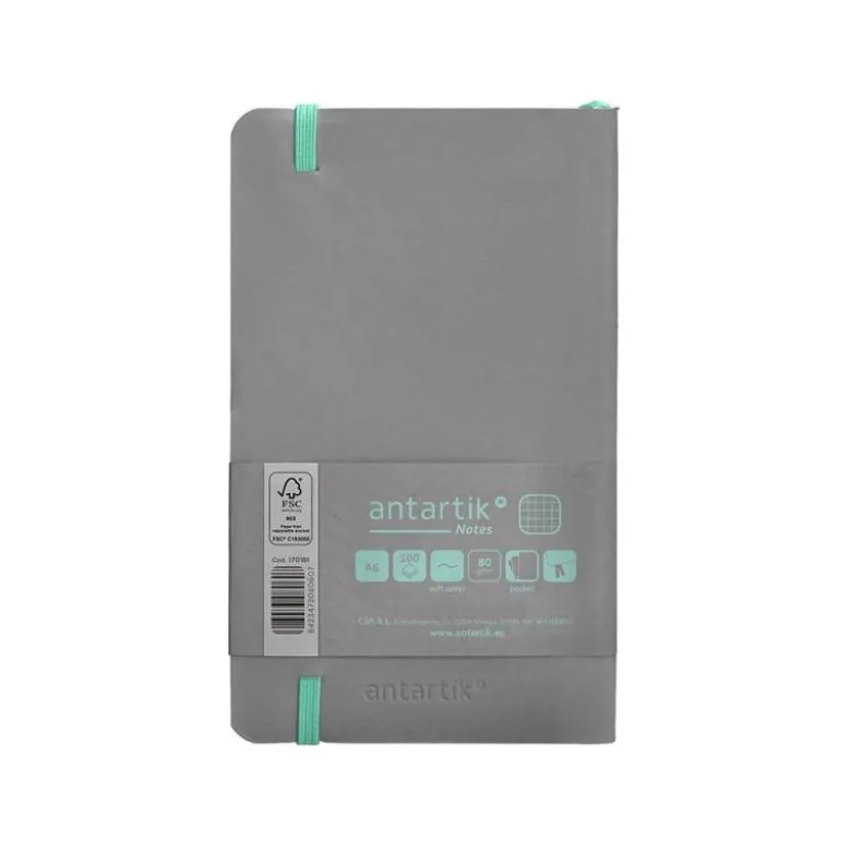 CUADERNO CON GOMILLA ANTARTIK NOTES TAPA BLANDA A6 CUADRICULA GRIS Y TURQUESA 100 HOJAS 80 GR FSC