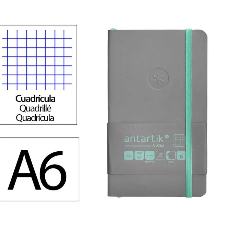 CUADERNO CON GOMILLA ANTARTIK NOTES TAPA BLANDA A6 CUADRICULA GRIS Y TURQUESA 100 HOJAS 80 GR FSC
