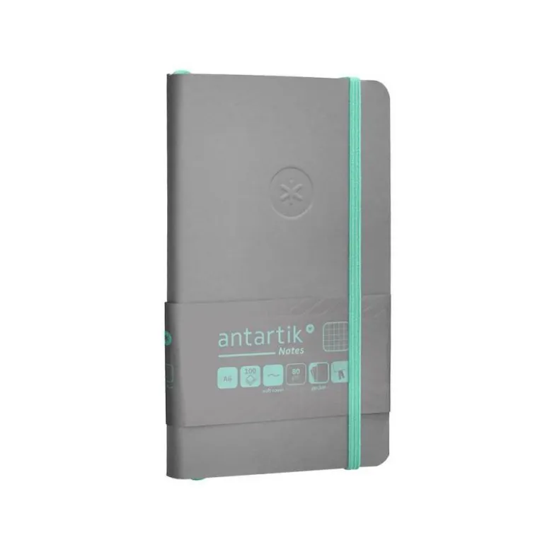 CUADERNO CON GOMILLA ANTARTIK NOTES TAPA BLANDA A6 CUADRICULA GRIS Y TURQUESA 100 HOJAS 80 GR FSC
