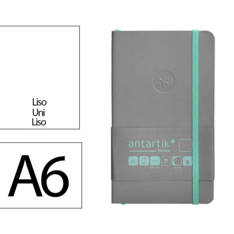 CUADERNO CON GOMILLA ANTARTIK NOTES TAPA BLANDA A6 HOJAS LISAS GRIS Y TURQUESA 100 HOJAS 80 GR FSC