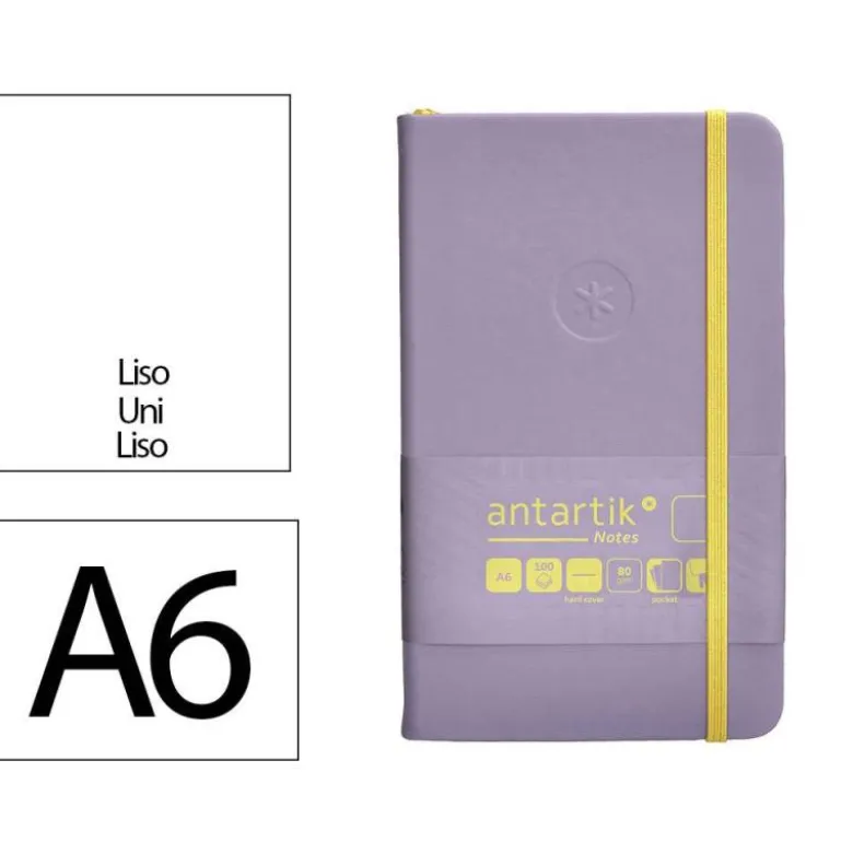 CUADERNO CON GOMILLA ANTARTIK NOTES TAPA DURA A6 HOJAS LISAS MORADO Y AMARILLO 100 HOJAS 80 GR FSC