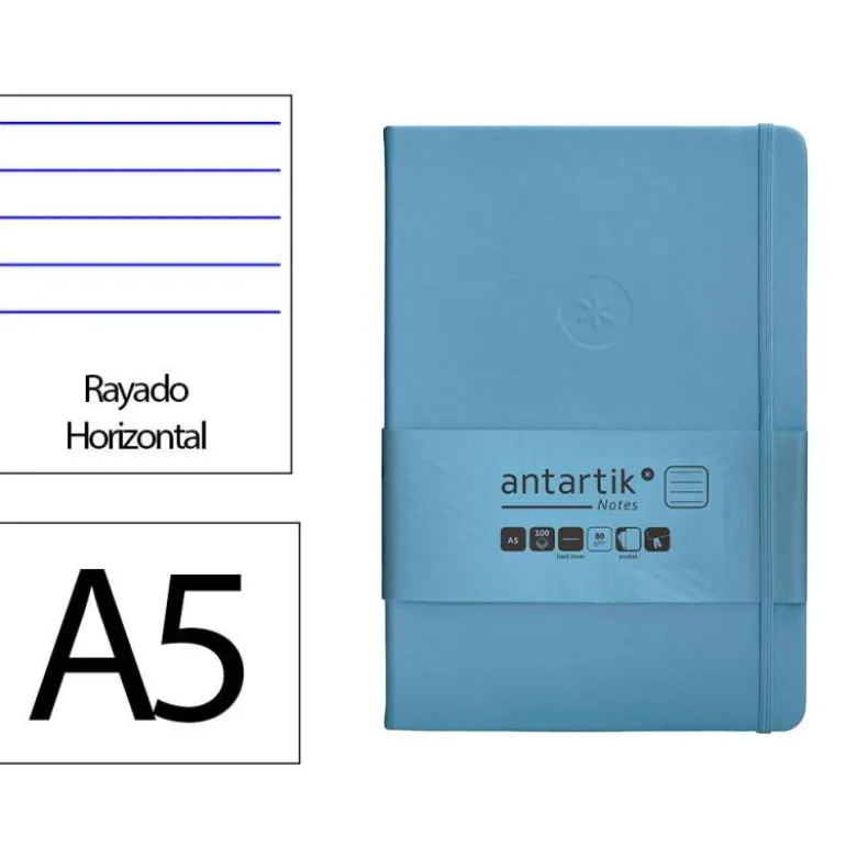 CUADERNO CON GOMILLA ANTARTIK NOTES TAPA DURA A5 HOJAS RAYAS AZUL CLARO 100 HOJAS 80 GR FSC