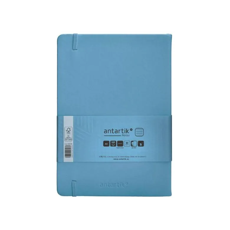 CUADERNO CON GOMILLA ANTARTIK NOTES TAPA DURA A5 HOJAS RAYAS AZUL CLARO 100 HOJAS 80 GR FSC