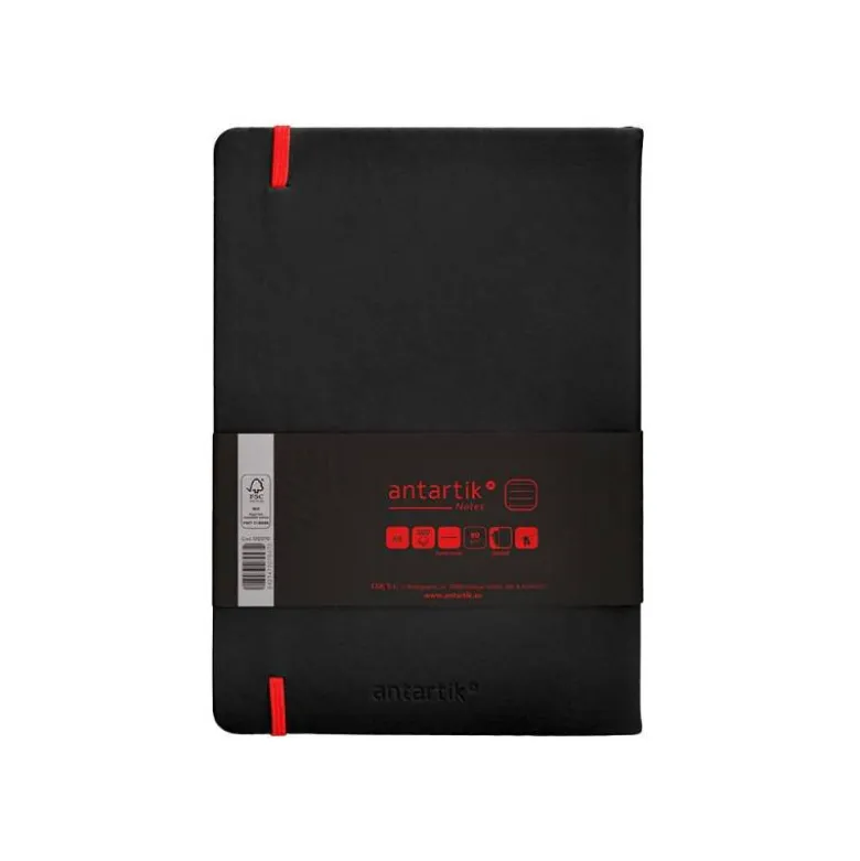 CUADERNO CON GOMILLA ANTARTIK NOTES TAPA DURA A5 HOJAS RAYAS NEGRO Y ROJO 100 HOJAS 80 GR FSC