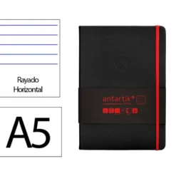 CUADERNO CON GOMILLA ANTARTIK NOTES TAPA DURA A5 HOJAS RAYAS NEGRO Y ROJO 100 HOJAS 80 GR FSC