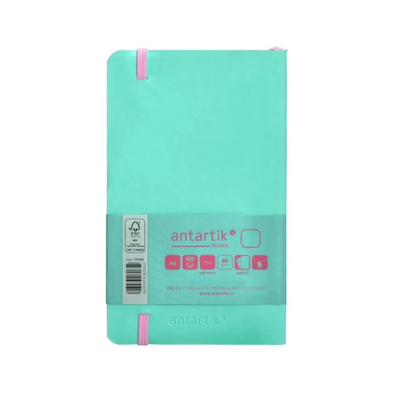 CUADERNO CON GOMILLA ANTARTIK NOTES TAPA BLANDA A6 HOJAS LISAS ROSA Y TURQUESA 100 HOJAS 80 GR FSC