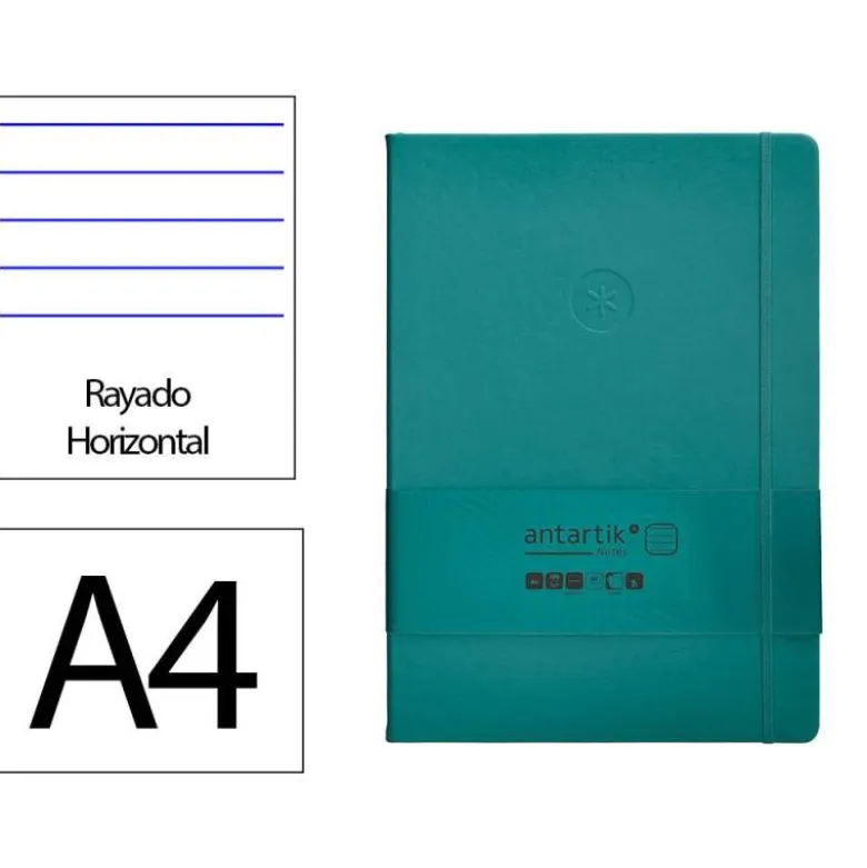 CUADERNO CON GOMILLA ANTARTIK NOTES TAPA DURA A4 HOJAS RAYAS VERDE AGUAMARINA 100 HOJAS 80 GR FSC