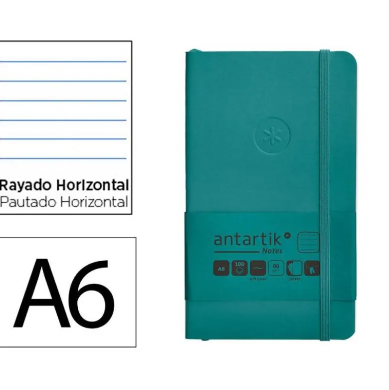 CUADERNO CON GOMILLA ANTARTIK NOTES TAPA BLANDA A6 RAYAS VERDE AGUAMARINA 100 HOJAS 80 GR FSC