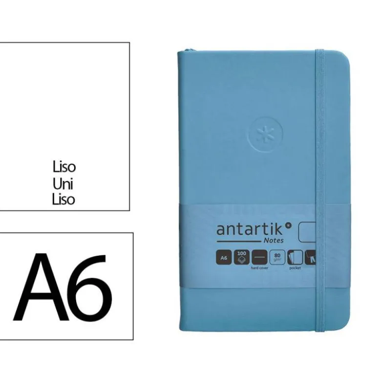 CUADERNO CON GOMILLA ANTARTIK NOTES TAPA DURA A6 HOJAS LISAS AZUL CLARO 100 HOJAS 80 GR FSC