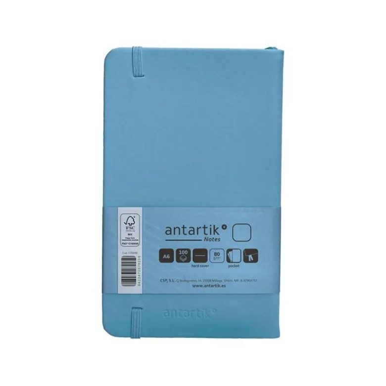 CUADERNO CON GOMILLA ANTARTIK NOTES TAPA DURA A6 HOJAS LISAS AZUL CLARO 100 HOJAS 80 GR FSC
