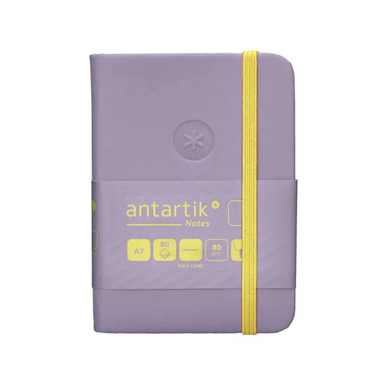 CUADERNO CON GOMILLA ANTARTIK NOTES TAPA DURA A7 HOJAS LISAS MORADO Y AMARILLO 80 HOJAS 80 GR FSC