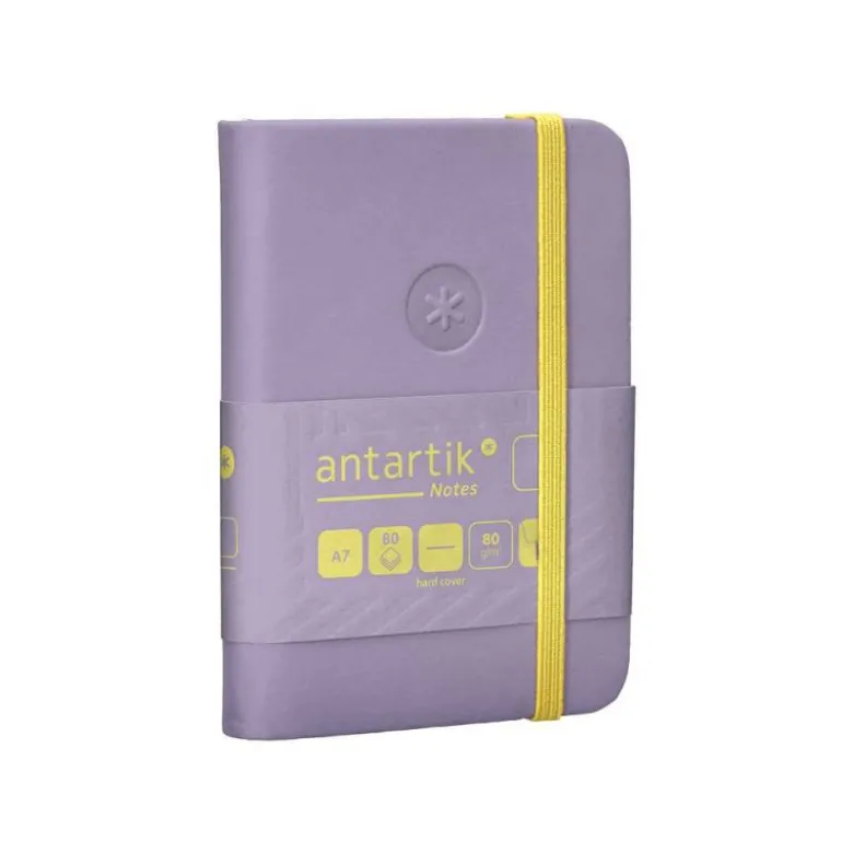 CUADERNO CON GOMILLA ANTARTIK NOTES TAPA DURA A7 HOJAS LISAS MORADO Y AMARILLO 80 HOJAS 80 GR FSC