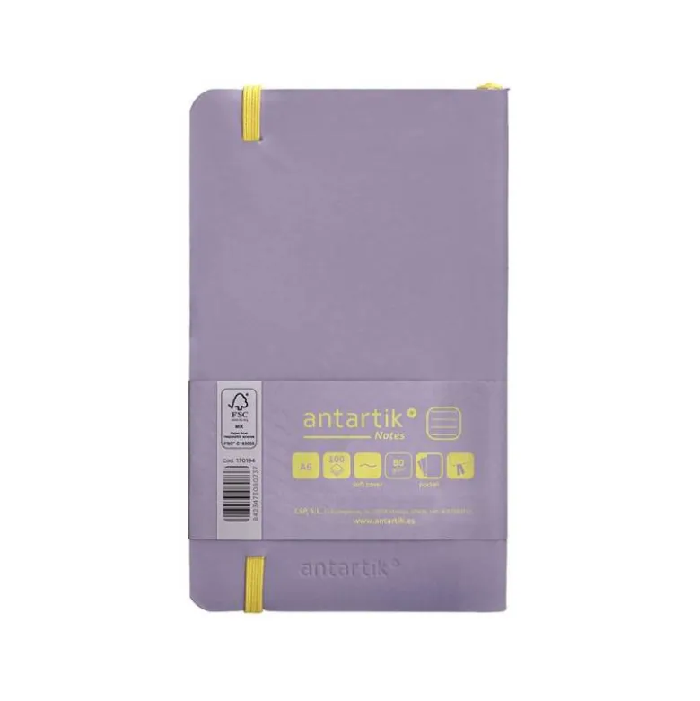 CUADERNO CON GOMILLA ANTARTIK NOTES TAPA BLANDA A6 RAYAS MORADO Y AMARILLO 100 HOJAS 80 GR FSC