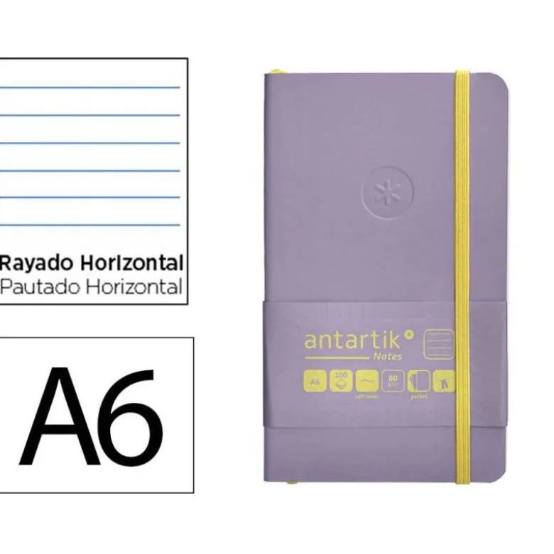 CUADERNO CON GOMILLA ANTARTIK NOTES TAPA BLANDA A6 RAYAS MORADO Y AMARILLO 100 HOJAS 80 GR FSC
