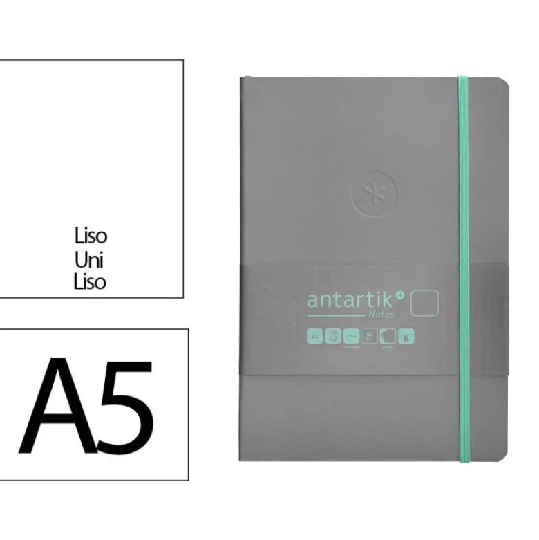 CUADERNO CON GOMILLA ANTARTIK NOTES TAPA BLANDA A5 HOJAS LISAS GRIS Y TURQUESA 80 HOJAS 80 GR FSC