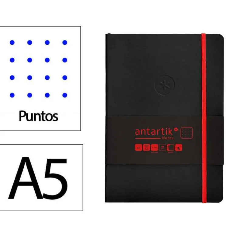 CUADERNO CON GOMILLA ANTARTIK NOTES TAPA BLANDA A5 HOJAS PUNTOS NEGRO Y ROJO 80 HOJAS 80 GR FSC