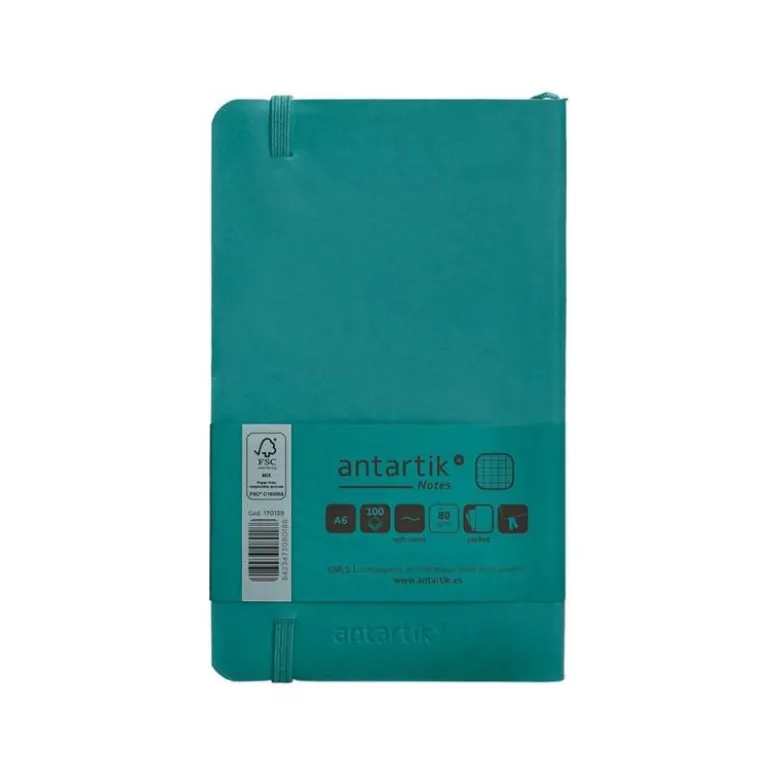 CUADERNO CON GOMILLA ANTARTIK NOTES TAPA BLANDA A6 CUADRICULA VERDE AGUAMARINA 100 HOJAS 80 GR FSC