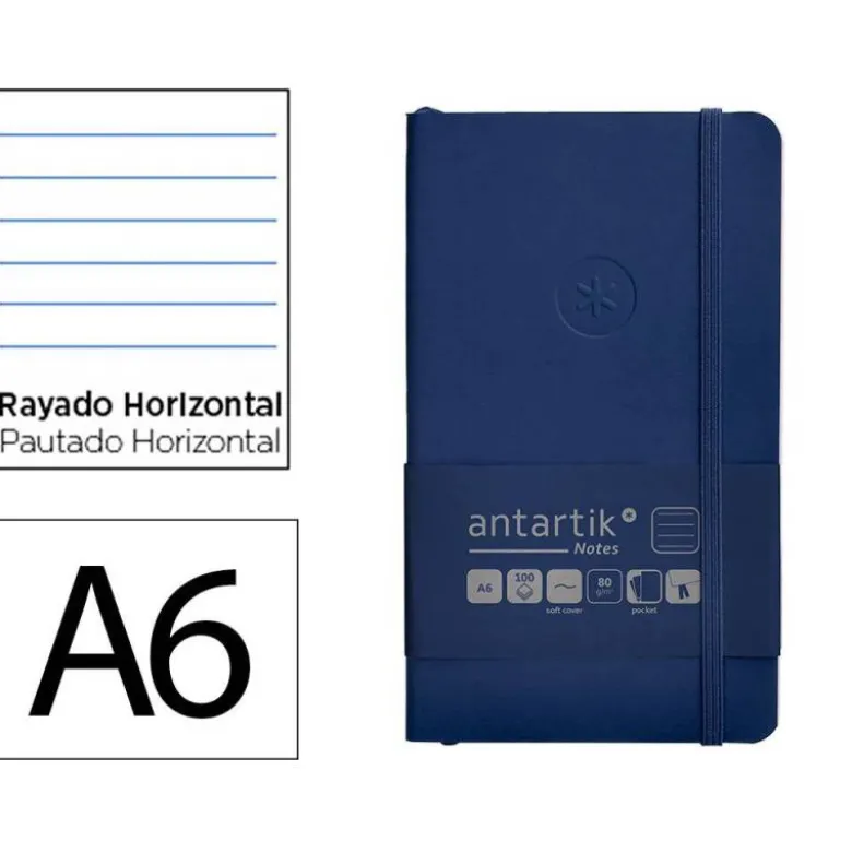 CUADERNO CON GOMILLA ANTARTIK NOTES TAPA BLANDA A6 RAYAS AZUL MARINO 100 HOJAS 80 GR FSC