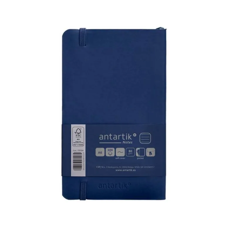 CUADERNO CON GOMILLA ANTARTIK NOTES TAPA BLANDA A6 RAYAS AZUL MARINO 100 HOJAS 80 GR FSC