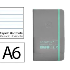 CUADERNO CON GOMILLA ANTARTIK NOTES TAPA DURA DIN A6 HOJAS RAYAS GRIS Y TURQUESA 100 HOJAS 80 GR FSC