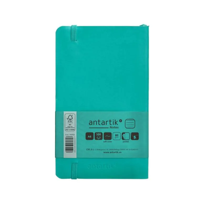 CUADERNO CON GOMILLA ANTARTIK NOTES TAPA BLANDA A6 RAYAS TURQUESA 100 HOJAS 80 GR FSC