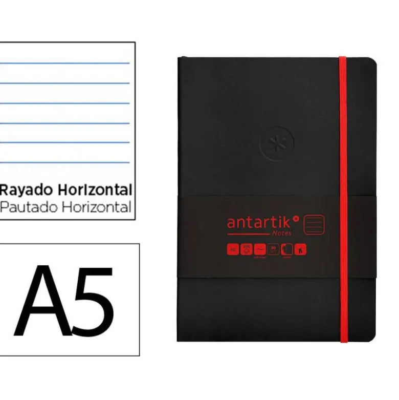 CUADERNO CON GOMILLA ANTARTIK NOTES TAPA BLANDA A5 HOJAS RAYAS NEGRO Y ROJO 80 HOJAS 80 GR FSC