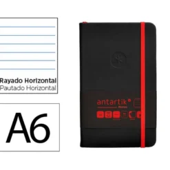 CUADERNO CON GOMILLA ANTARTIK NOTES TAPA DURA A6 HOJAS RAYAS NEGRO Y ROJO 100 HOJAS 80 GR FSC
