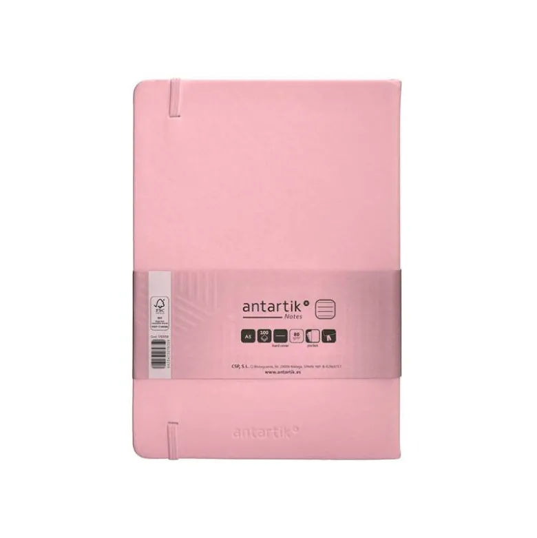 CUADERNO CON GOMILLA ANTARTIK NOTES TAPA DURA A5 HOJAS RAYAS ROSA PASTEL 100 HOJAS 80 GR FSC