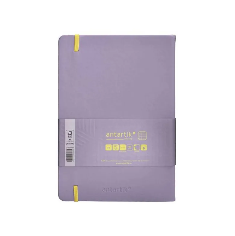 CUADERNO CON GOMILLA ANTARTIK NOTES TAPA DURA A5 HOJAS CUADRICULA MORADO Y AMARILLO 100 HOJAS 80 GR FSC