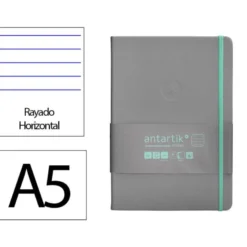 CUADERNO CON GOMILLA ANTARTIK NOTES TAPA DURA A5 HOJAS RAYAS GRIS Y TURQUESA 100 HOJAS 80 GR FSC