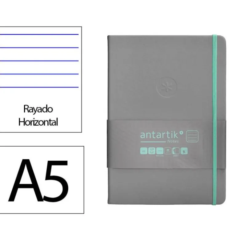 CUADERNO CON GOMILLA ANTARTIK NOTES TAPA DURA A5 HOJAS RAYAS GRIS Y TURQUESA 100 HOJAS 80 GR FSC