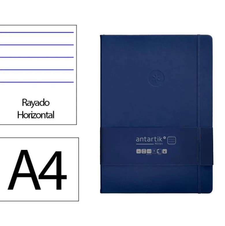 CUADERNO CON GOMILLA ANTARTIK NOTES TAPA DURA A4 HOJAS RAYAS AZUL MARINO 100 HOJAS 80 GR FSC