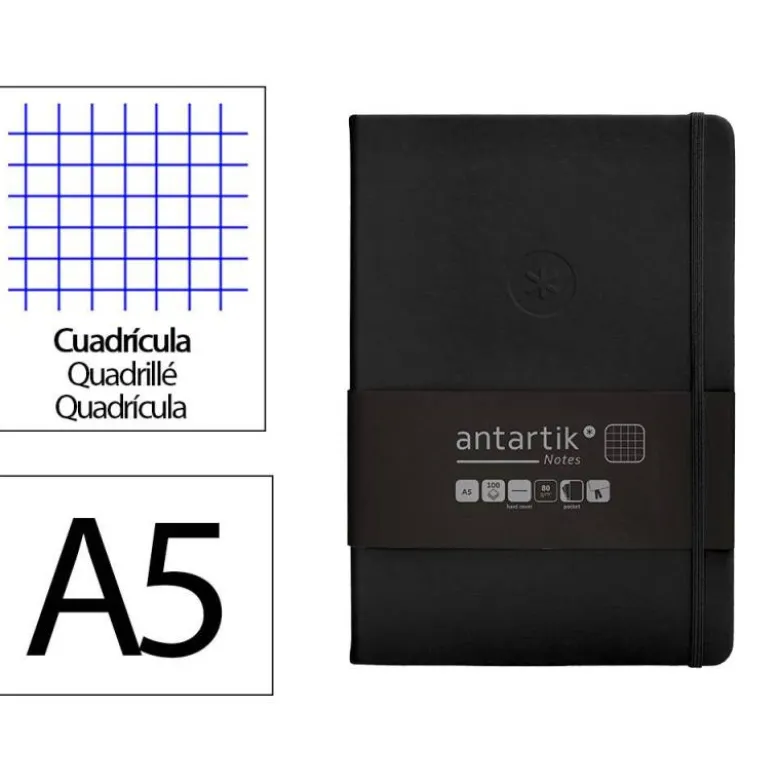 CUADERNO CON GOMILLA ANTARTIK NOTES TAPA DURA A5 HOJAS CUADRICULA NEGRO 100 HOJAS 80 GR FSC