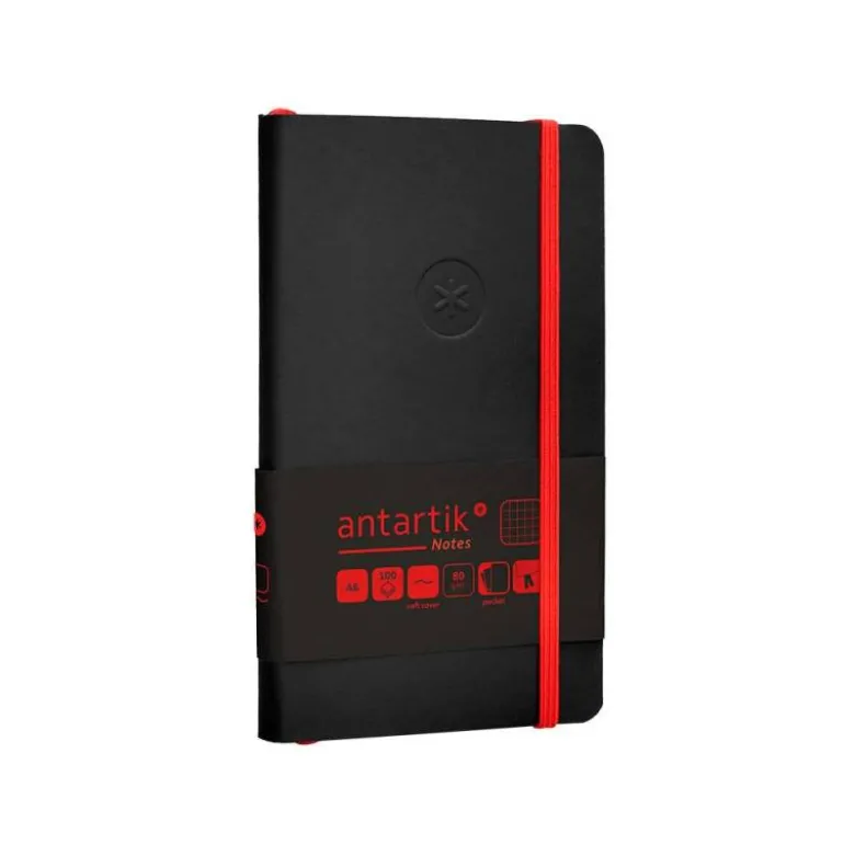 CUADERNO CON GOMILLA ANTARTIK NOTES TAPA BLANDA A6 CUADRICULA NEGRO Y ROJO 100 HOJAS 80 GR FSC