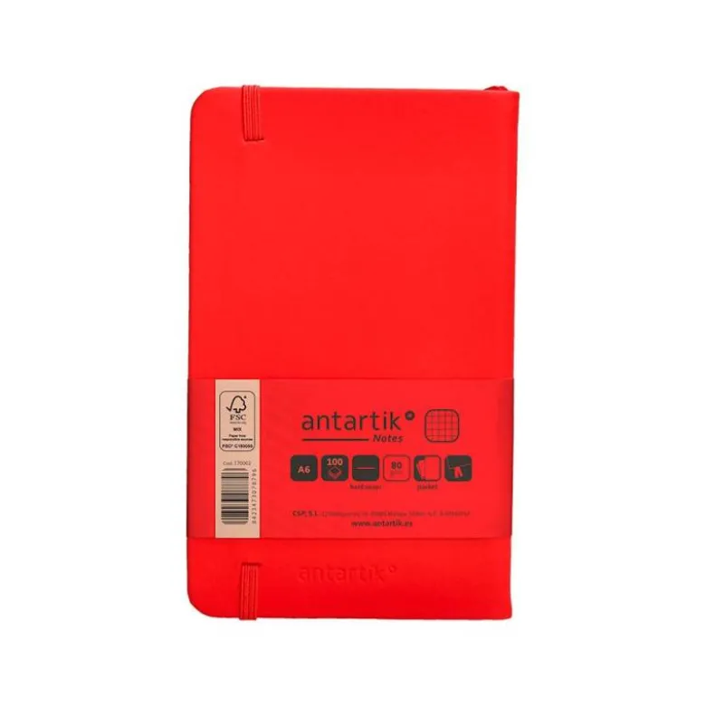 CUADERNO CON GOMILLA ANTARTIK NOTES TAPA DURA A6 HOJAS CUADRICULA ROJO 100 HOJAS 80 GR FSC
