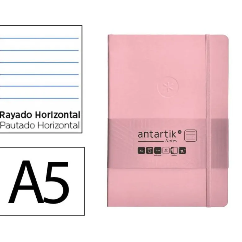 CUADERNO CON GOMILLA ANTARTIK NOTES TAPA BLANDA A5 HOJAS RAYAS ROSA PASTEL 80 HOJAS 80 GR FSC