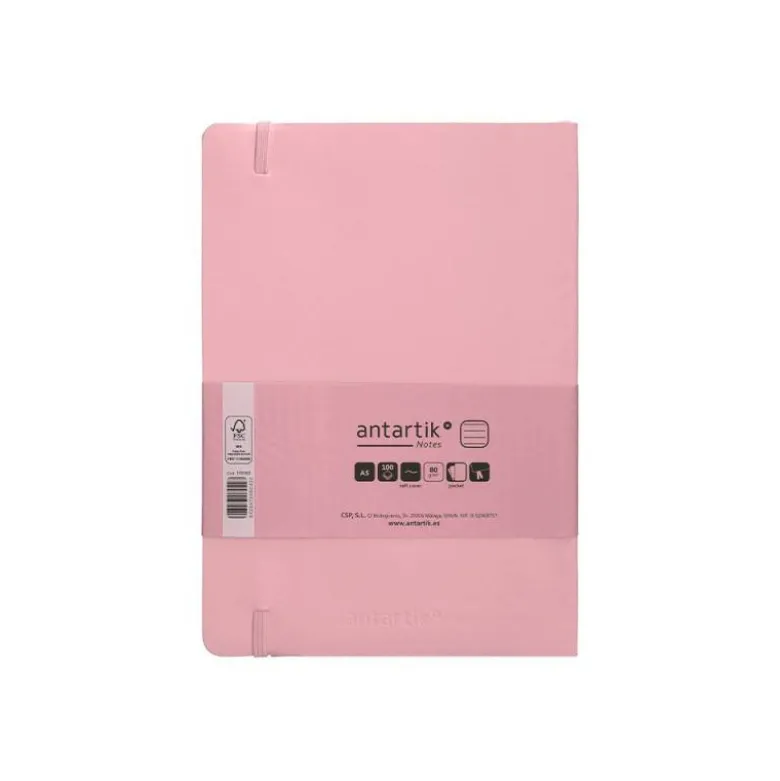 CUADERNO CON GOMILLA ANTARTIK NOTES TAPA BLANDA A5 HOJAS RAYAS ROSA PASTEL 80 HOJAS 80 GR FSC