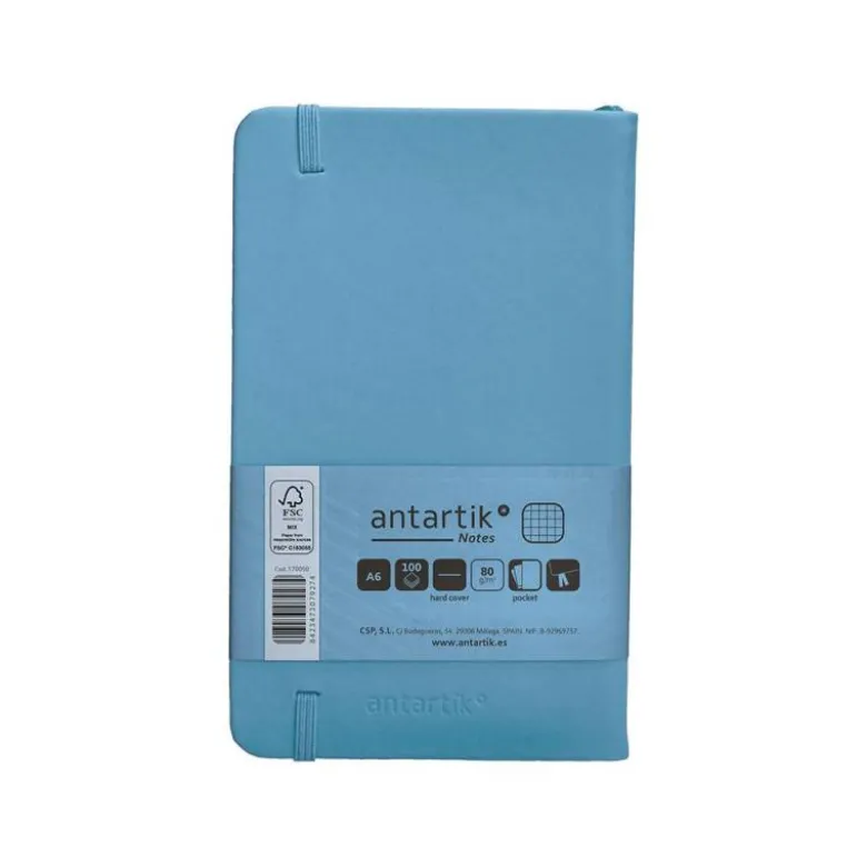 CUADERNO CON GOMILLA ANTARTIK NOTES TAPA DURA A6 HOJAS CUADRICULA AZUL CLARO 100 HOJAS 80 GR FSC