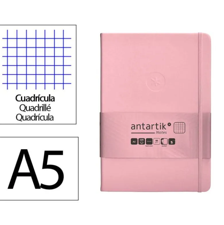 CUADERNO CON GOMILLA ANTARTIK NOTES TAPA DURA A5 HOJAS CUADRICULA ROSA PASTEL 100 HOJAS 80 GR FSC