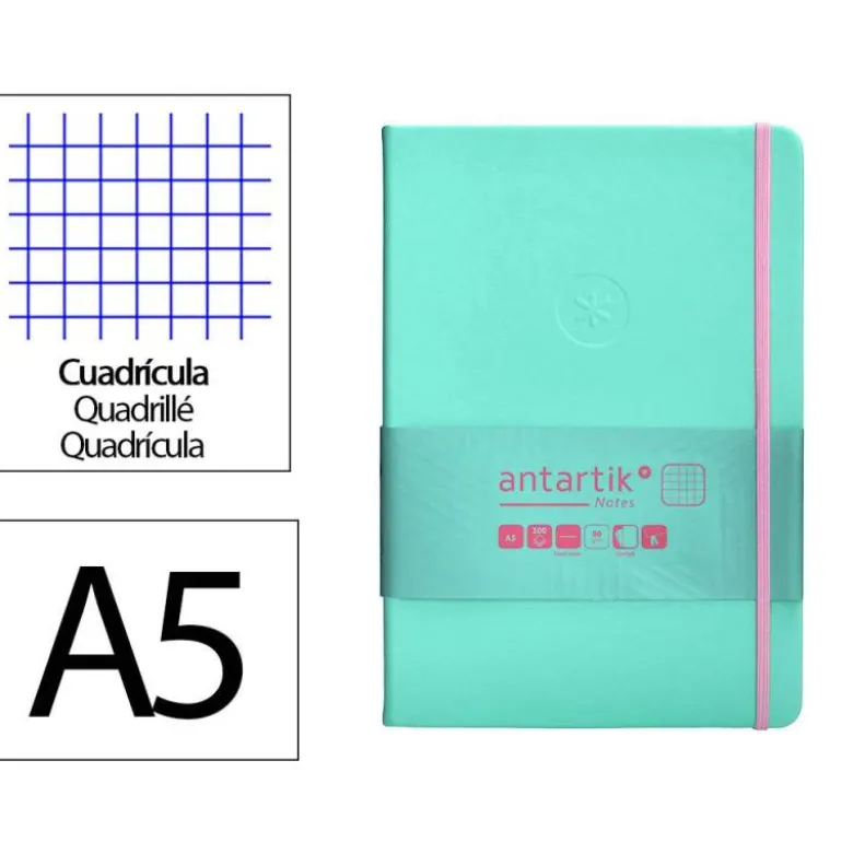 CUADERNO CON GOMILLA ANTARTIK NOTES TAPA DURA A5 HOJAS CUADRICULA ROSA Y TURQUESA 100 HOJAS 80 GR FSC