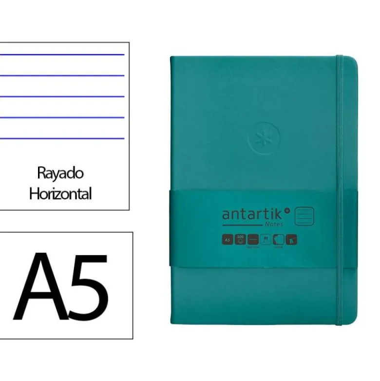 CUADERNO CON GOMILLA ANTARTIK NOTES TAPA DURA A5 HOJAS RAYAS VERDE AGUAMARINA 100 HOJAS 80 GR FSC