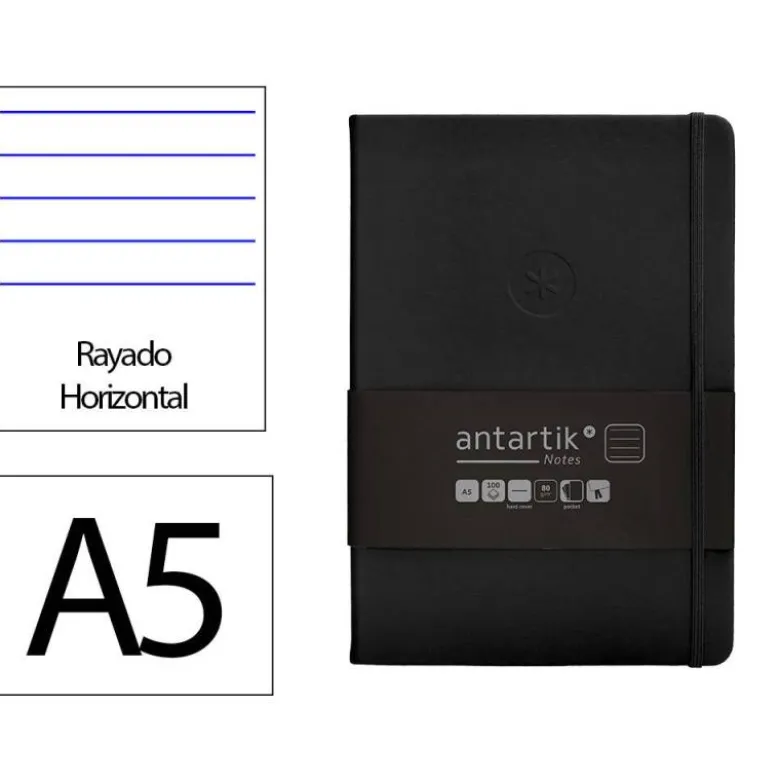 CUADERNO CON GOMILLA ANTARTIK NOTES TAPA DURA A5 HOJAS RAYAS NEGRO 100 HOJAS 80 GR FSC