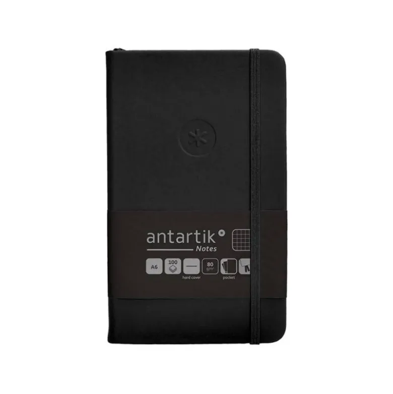 CUADERNO CON GOMILLA ANTARTIK NOTES TAPA DURA A6 HOJAS CUADRICULA NEGRO 100 HOJAS 80 GR FSC