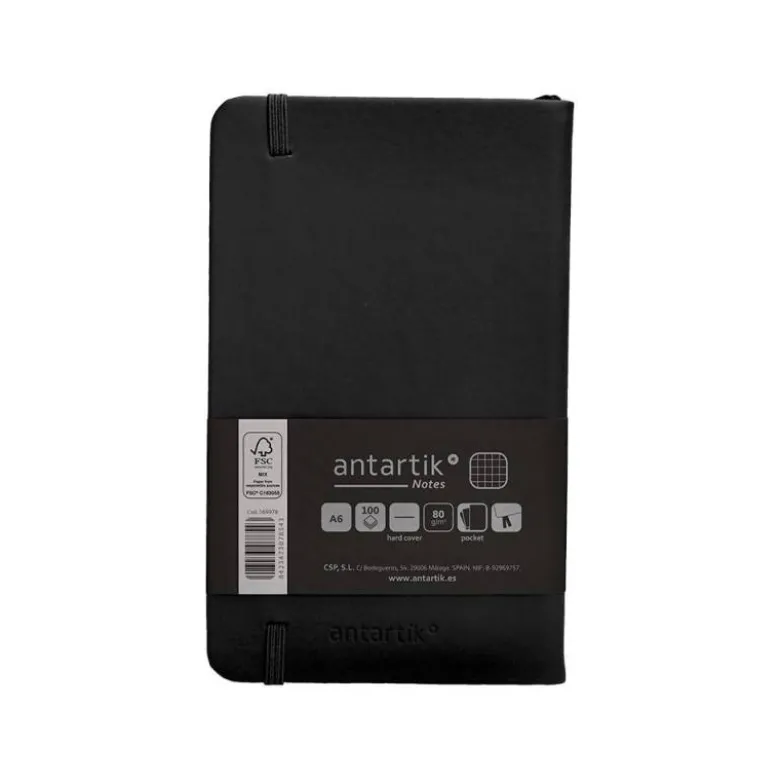 CUADERNO CON GOMILLA ANTARTIK NOTES TAPA DURA A6 HOJAS CUADRICULA NEGRO 100 HOJAS 80 GR FSC