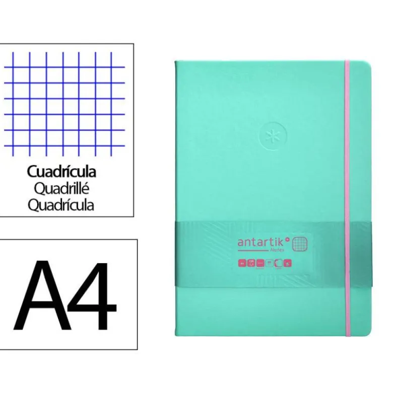 CUADERNO CON GOMILLA ANTARTIK NOTES TAPA DURA A4 HOJAS CUADRICULA ROSA Y TURQUESA 100 HOJAS 80 GR FSC