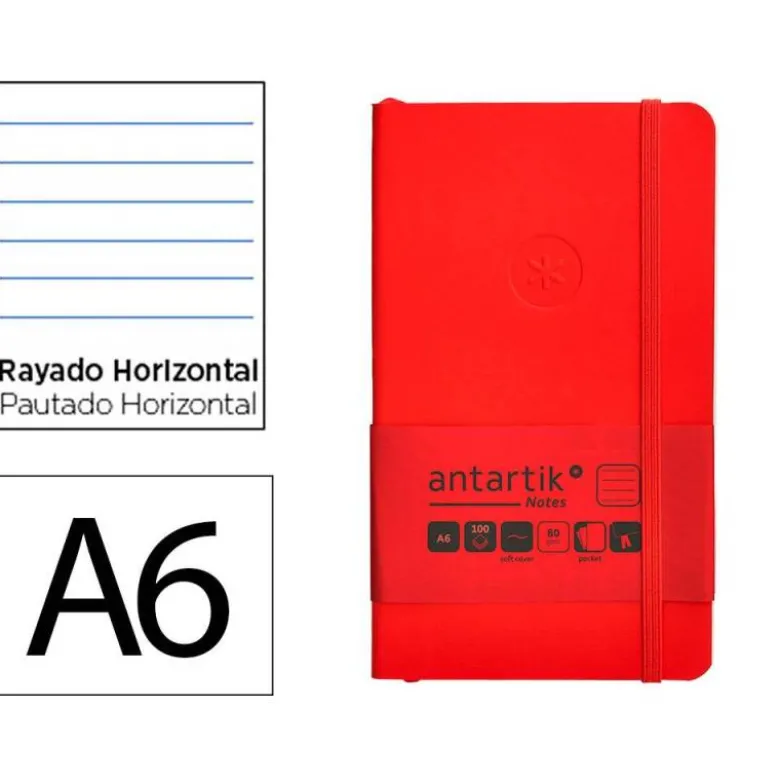 CUADERNO CON GOMILLA ANTARTIK NOTES TAPA BLANDA A6 RAYAS ROJO 100 HOJAS 80 GR FSC