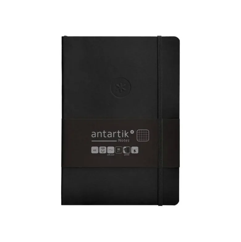 CUADERNO CON GOMILLA ANTARTIK NOTES TAPA BLANDA A5 HOJAS CUADRICULA NEGRO 80 HOJAS 80 GR FSC