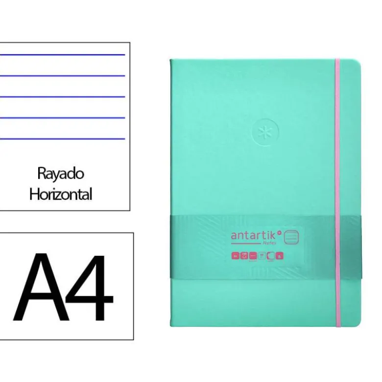 CUADERNO CON GOMILLA ANTARTIK NOTES TAPA DURA A4 HOJAS RAYAS ROSA Y TURQUESA 100 HOJAS 80 GR FSC