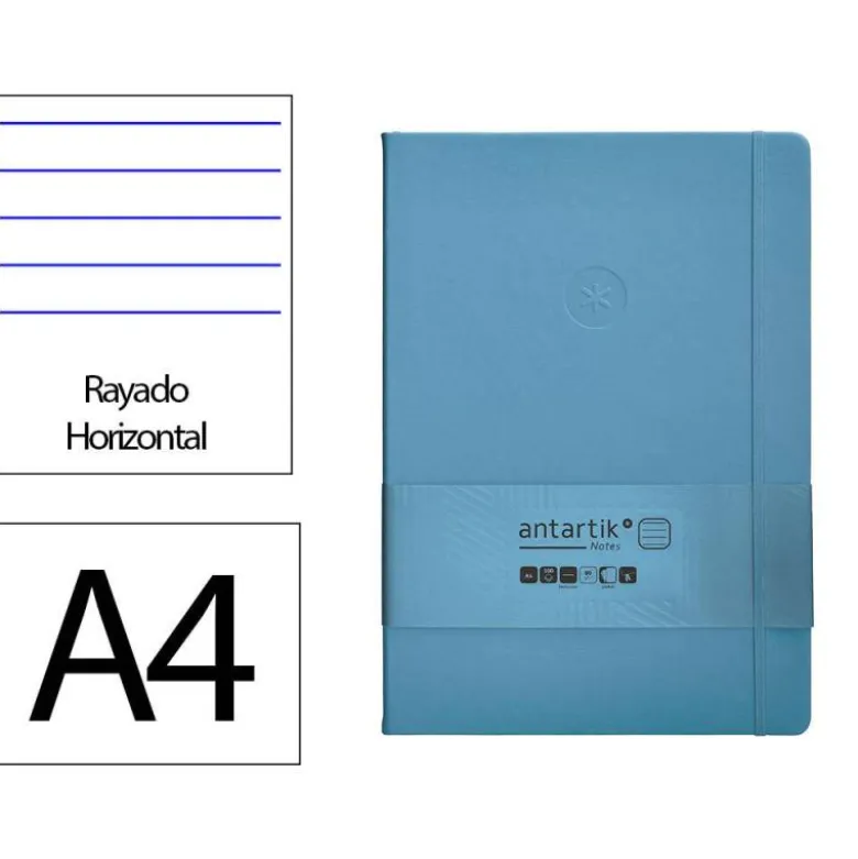 CUADERNO CON GOMILLA ANTARTIK NOTES TAPA DURA A4 HOJAS RAYAS AZUL CLARO 100 HOJAS 80 GR FSC