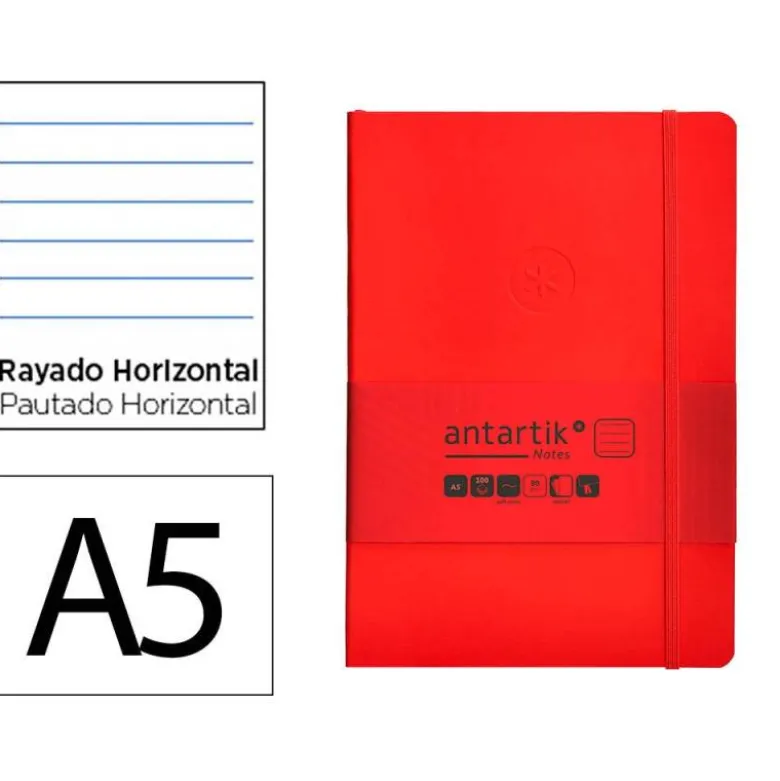 CUADERNO CON GOMILLA ANTARTIK NOTES TAPA BLANDA A5 HOJAS RAYAS ROJO 80 HOJAS 80 GR FSC